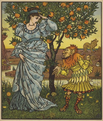 黄色の小人がライオンからプリンセスを救う 作： after Walter Crane