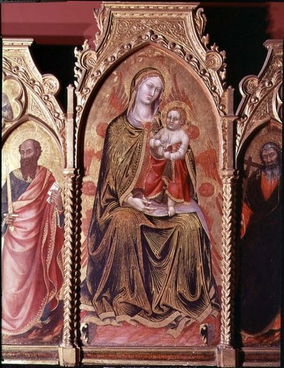 ジェラルド・コサッシ・デッリ・アッシの祭壇画、「跪く聖母子」を描いた中央パネルの細部（油彩・パネル 作： also Manfredi de Battilori Bartolo di Fredi