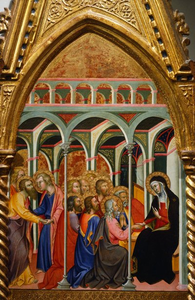 聖母の場面を描いた祭壇画。バルトロ・ディ・フレディ（1330-1410）の「マリアと使徒の別れ」。 作： also Manfredi de Battilori Bartolo di Fredi