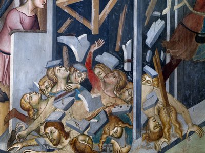 ヨブの家の崩壊、旧約聖書の物語の一場面 作： also Manfredi de Battilori Bartolo di Fredi