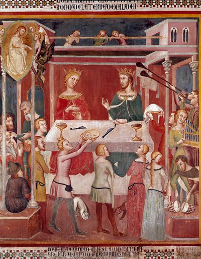 悪魔がヨブの繁栄時に神に試練を求めた様子 Bartolo di Fredi (or Manfredi De Battilori) (1330-1410) Collegiale de San Gimignano Italyによるフレスコ画 作： also Manfredi de Battilori Bartolo di Fredi