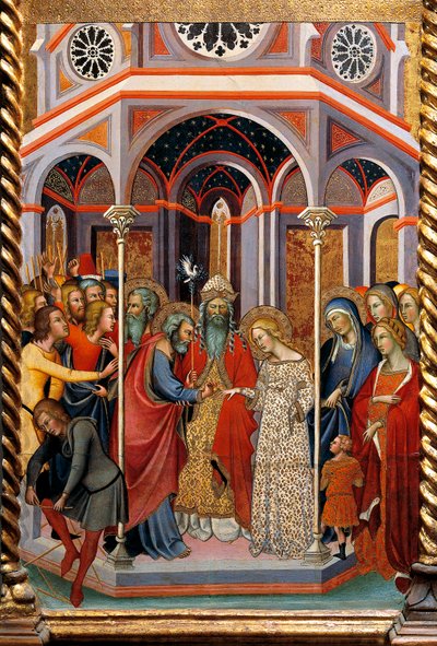 バルトロ・ディ・フレディ（1330-1410）の「聖母の物語」を描いた祭壇画の細部「聖母の結婚」。 作： also Manfredi de Battilori Bartolo di Fredi