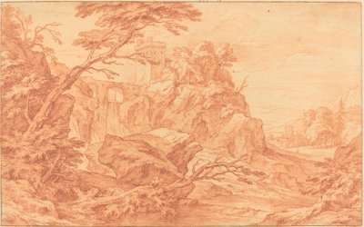 石塔と滝のある岩山風景 作： attributed to Adriaen Frans Boudewyns