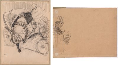 Fiacre に入る女性 (直腸); 背の高い帽子をかぶった男の右横顔 (裏面) 作： attributed to Jean Louis Forain