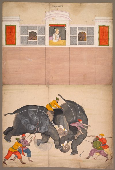 ムハンマド・シャーの前の中庭で戦う2頭の象 作： attributed to Nainsukh