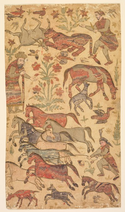 ルスタムがラクシュを捕まえているマーブル模様の絵 作： attributed to Shafi