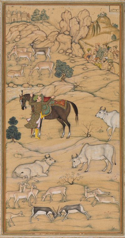 馬に乗るアクバル。 チェスター・ビーティー・アクバル・ナーマ（アクバルの歴史）のページ 作： attributed to Sur Das Gujarati