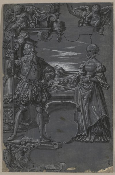 ガラス絵画のためのデザイン: 建築環境における男と女 作： attributed to Tobias Stimmer