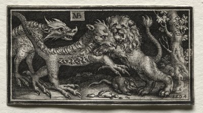 2匹の獣と戦うライオン 作： attributed to Tobias Stimmer