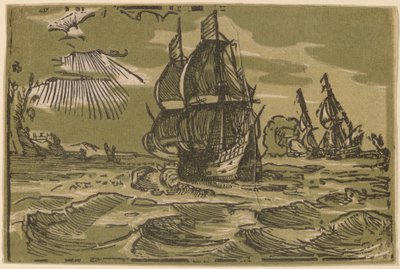 海岸線から離れた 2 つのスリーマスター シップ 作： attributed to workshop of Willem Jansz. Blaeu