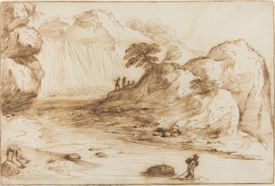 滝のある風景 作： called Guercino Giovanni Francesco Barbieri