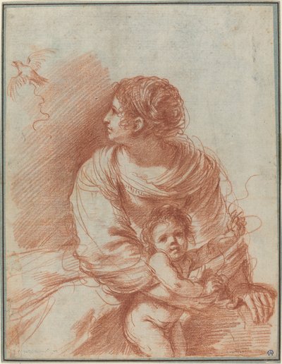 逃げ出したゴシキヒワとマドンナと子供 作： called Guercino Giovanni Francesco Barbieri