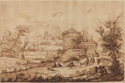 要塞と川のある風景 作： called Guercino after Giovanni Francesco Barbieri