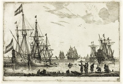 防波堤の中の4隻の帆船（13の海軍風景より 作： called Zeeman Reinier Nooms
