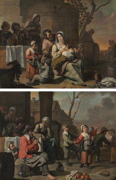 ビンテージ シーンと農民の子供たちのダンス (絵画ペア) 作： circle of Le Nain