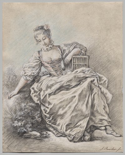 鳥かごを持って座っている女性 作： copy after François Boucher