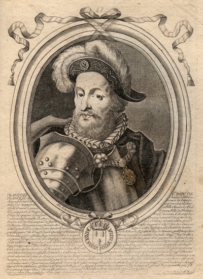 フランス王フランソワ1世（1494 - 1547）の肖像 - フランソワ1世、フランス王 - パリの「ファラモンからルイ14世までのフランスの各王の8月の表現」からのエングレーヴィング 作： de Larmessin
