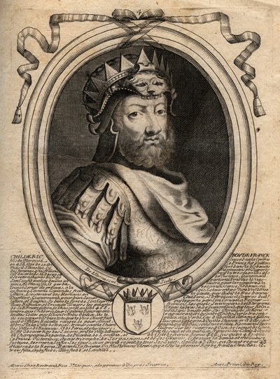 サリア・フランク王チルデリック1世（436-481）の肖像 - CHILDERIC I King of Salian Franks - パリの「Les Augustes Representations de tous les Kings de France from Pharamond to LouisXIV」からのエングレービング 作： de Larmessin