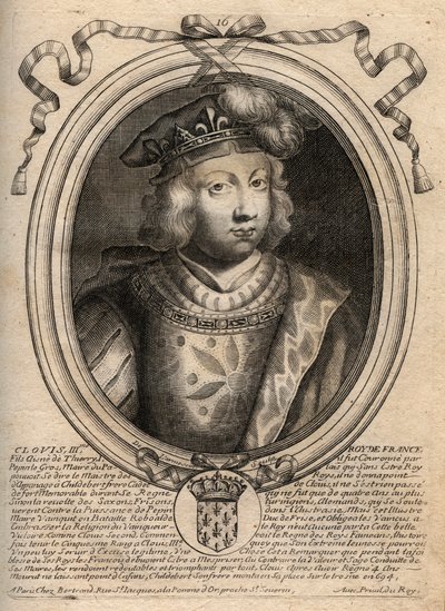 691年から695年までフランク王国の王であったクローヴィス3世の肖像 - CLOVIS III Merovingian king of Neustria and Austrasia - 「Les Augustes Representations de tous les Kings de France from Pharamond to LouisXIV」（パリ）の彫刻作品。 作： de Larmessin