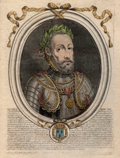 アンリ2世（1519-1559）フランス王の肖像 - アンリ2世（1519-59）フランス王 - パリの「ファラモンからルイ14世までのフランスの各王の8月の肖像」からのエングレービング 作： de Larmessin