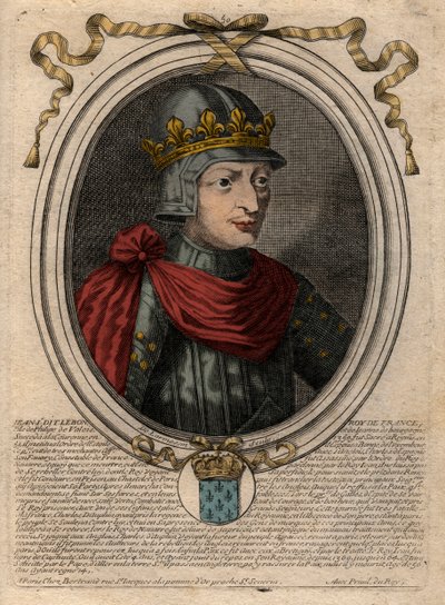 善良なジョン2世（1319-1364）フランス王の肖像 - 「善良な」ジョン2世（1319-64）フランス王の肖像 - パリの「ファラモンからルイ14世までのフランスの各王の8月の肖像」からの彫刻作品 作： de Larmessin