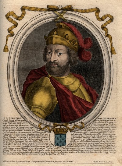 フランク王ロトヘール（941-986）の肖像 - フランス王ロトヘール（941-986） - パリの「Les Augustes Representations de tous les Kings de France from Pharamond to LouisXIV」のエングレーヴィング。 作： de Larmessin