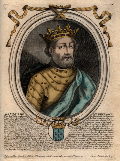 フランス王ルイ8世（1187-1226）の肖像 - フランス王ルイ8世（1187-1226） - パリの「Les Augustes Representations de tous les Kings de France depuis Pharamond à la LouisXIV」からのエングレーヴィング。 作： de Larmessin