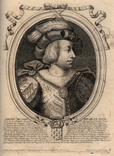 フランス王ルイ5世（967 - 987）の肖像 - ルイ5世（967 - 987）の彫刻、パリの「Les Augustes Representations de tous les Kings de France from Pharamond to LouisXIV」より 作： de Larmessin