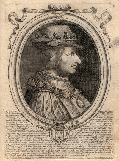 フランス王ルイ11世（1423年～1483年）の肖像 - フランス王ルイ11世（1423年～1483年）の肖像 - パリの「ファラモンからルイ14世までのフランスの各王の8月の肖像」からのエングレービング 作： de Larmessin