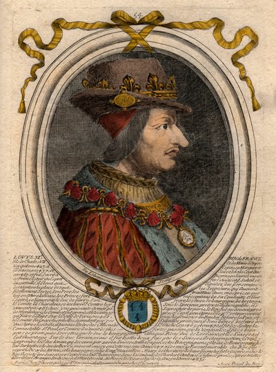 フランス王ルイ11世（1423年～1483年）の肖像 - フランス王ルイ11世（1423年～1483年）の肖像 - パリの「ファラモンからルイ14世までのフランスの各王の八面六臂の活躍」からのエングレーヴィング 作： de Larmessin