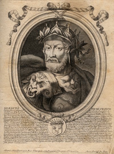 メロヴェまたはメロヴェックの肖像 フランス王（458年） メロヴィング朝の初代王 - メロヴェック（メロヴェウス）の肖像（456年） サリア・フランク王国の王 - 「ファラモンからルイ14世までのフランスの各王のアウグスト表象」の刻印。 作： de Larmessin