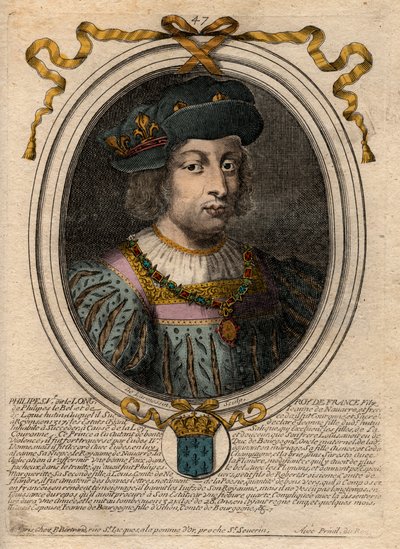 フランス王フィリップ5世（1294-1322）の肖像 - フィリップ5世（1294-1322）「背の高い人」 - パリの「ファラモンからルイ14世までのフランスの全王のアウグスト表象図」からのエングレーヴィング 作： de Larmessin