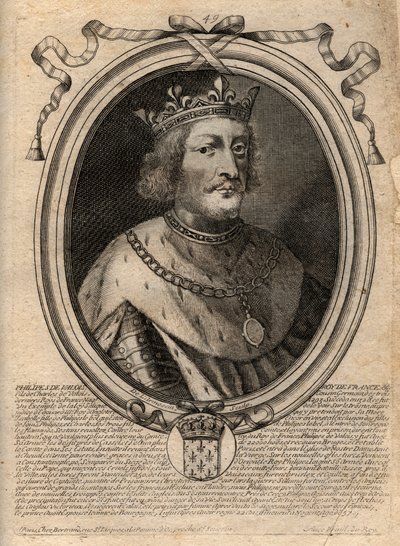 フランス王フィリップ6世（1294 - 1350）の肖像 - ヴァロワ家のフィリップ6世（1293 - 1350）フランス王 - パリの「ファラモンからルイ14世までのフランスの各王の8月の表現」からの刻印 作： de Larmessin