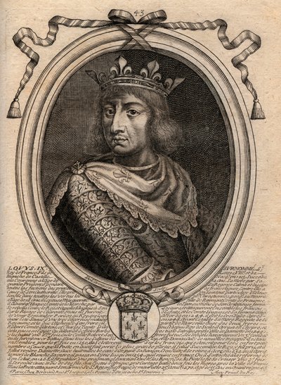 サン・ルイの肖像（Saint-Louis, Louis IX (1214-1270) - フランスの王、サン・ルイ9世（1214-70） - パリの「ファラモンからルイ14世までのフランスの全王のLes Augustes Representations」からのエングレーヴィング 作： de Larmessin