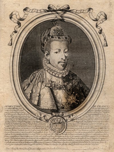 フランス王ヘンリー3世（1551-1589）の肖像 - フランス王ヘンリー3世（1551-89）の肖像 - パリの「Les Augustes Representations de tous les Kings de France from Pharamond to LouisXIV」のエングレーヴィング。 作： de Larmessin