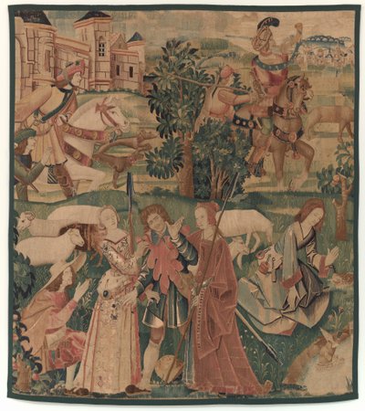 狩猟と牧歌の情景 女同士で笑う男 作： design probably French 16th Century, Paris; woven in southern Netherlands or Paris in an undetermine workshop