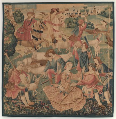 ハンティングと田園風景、花輪をまとったヒーローが女性の間で登場 作： design probably French 16th Century, Paris; woven in southern Netherlands or Paris in an undetermine workshop
