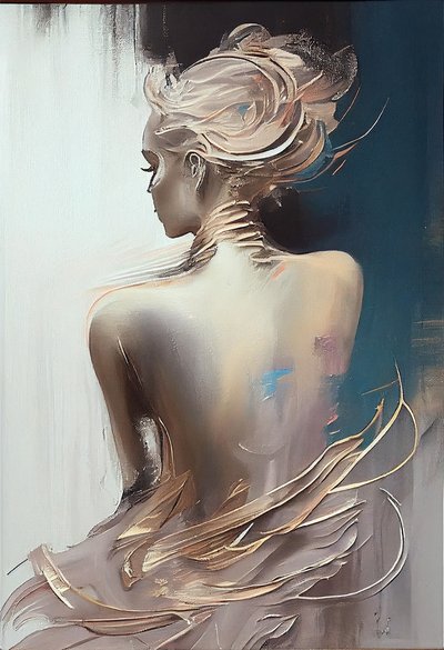 後ろから見た着衣の女性、シルエット画 作： F. Abderrahim