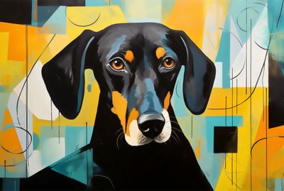 床に横たわる犬, カラフルな抽象画, 壁掛けアート｜キャンバスプリント 作： F. Abderrahim