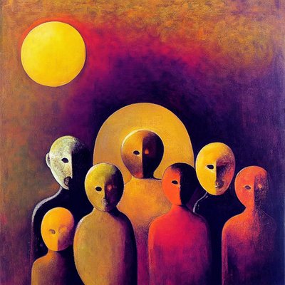 抽象的な群衆と表情豊かな顔、具象的なシュルレアリスムアート 作： F. Abderrahim