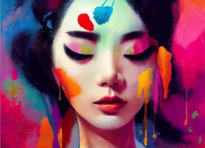 抽象的なパステル画 美しい中国人女性の肖像画, 壁アート｜キャンバスプリント 作： F. Abderrahim