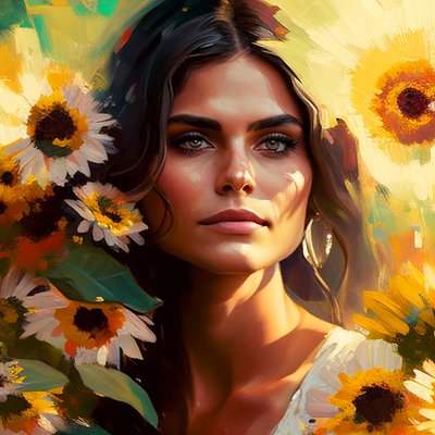 抽象的で美しいメキシコ人女性の肖像画とひまわり, 壁掛けアート｜キャンバスプリント 作： F. Abderrahim