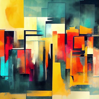 暖色系の赤とオレンジの抽象的な形、ウォールアートプリント 作： F. Abderrahim