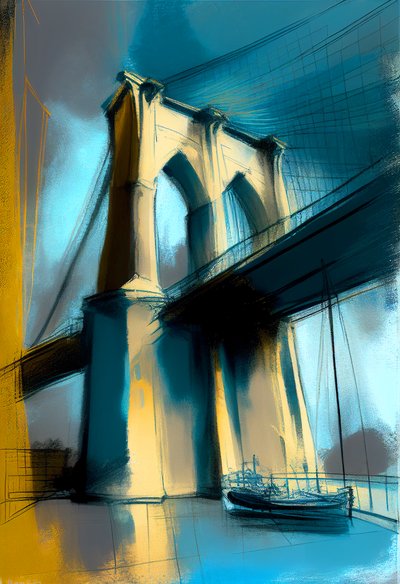 抽象的なスケッチ ブルックリン橋 絵画 オン キャンバス, 壁掛けアート プリント 作： F. Abderrahim