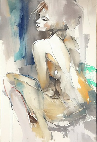 座っている美しい女性, 水彩画, 壁掛け アートプリント オンデマンド 作： F. Abderrahim