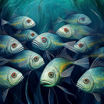 海水に浮かぶキャンバスの魚たち、抽象画 作： F. Abderrahim