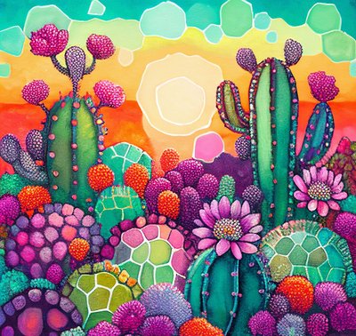 砂漠の花：サボテン高原に沈む夕日を描いたカラフルな抽象画 作： F. Abderrahim