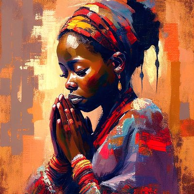 デジタルキャンバスペインティング：瞑想するアフリカの少女, 壁掛けアート版画 作： F. Abderrahim