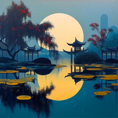 日本の風景と伝統的な家の外壁画、ウォールアート｜キャンバスプリント 作： F. Abderrahim