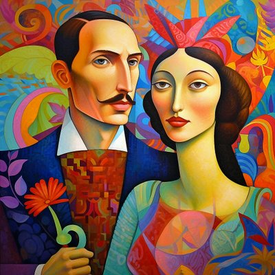 絵画の中の愛のカップル, 男性と女性の肖像画, 壁掛けアート｜キャンバスプリント 作： F. Abderrahim